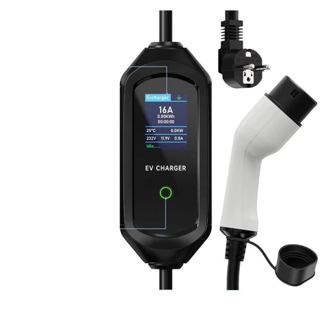 Portable Electric Vehicle Charger, 3.5KW 16A EVSE showing a black charging unit with a display and Type 2 adapter.
