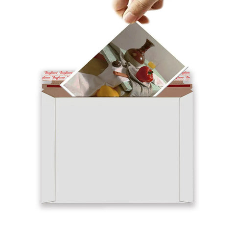 Inserting a photo into Rigid Mailers 30 Pack 9.5 x 12.5 Inches White Self Seal Stay Flat Bulk Cardboard No Bend Mailers