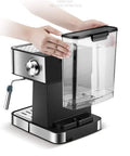 Professional Grade Semi Automatic Espresso Maker Featuring A Built In Conical Burr Grinder And High Pressure Steam Wand with removable water reservoir.