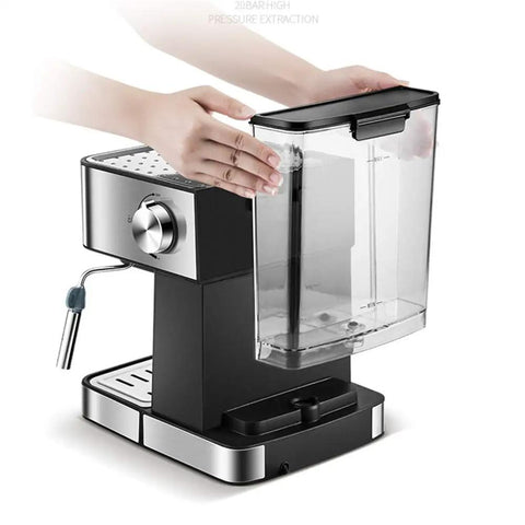 Professional Grade Semi Automatic Espresso Maker Featuring A Built In Conical Burr Grinder And High Pressure Steam Wand with removable water reservoir.