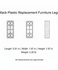 Diagram showing dimensions of sturdy black plastic sofa feet with screws replacement legs for couch and cabinet elevate for easy floor cleaning.
