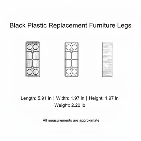 Diagram showing dimensions of sturdy black plastic sofa feet with screws replacement legs for couch and cabinet elevate for easy floor cleaning.