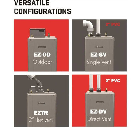 Mad Fast Instant Hot Water Flow Beige Natural Gas Tankless Water Heater Engineered For Dead Simple Mounting And Clever Space Saving Efficiency configurations including outdoor, single vent, and direct vent.