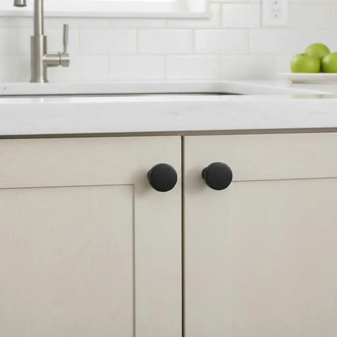Flat Black Cabinet Knobs 10 Pack Round One And One Quarter Inch Solid Zinc Metal Matte Finish Sleek With Screws Included For Kitchen Cabinets Drawers And Dressers Contemporary Hardware