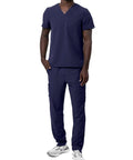 Mens Professional Medical Nursing Scrub Set Featuring Classic V Neck Top And Cargo Pants Crafted From Navy Blue No Drag Stretch Fabric Built Straight Up To Keep You Cool While Rocking Every Shift.