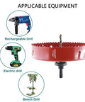 Moretopgood 6 Inch HSS Bi-Metal Hole Saw Kit With Arbor And Dust Bowl displayed with compatible drills and equipment.