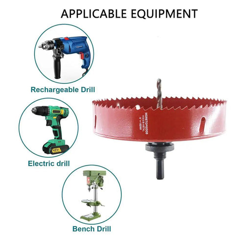 Moretopgood 6 Inch HSS Bi-Metal Hole Saw Kit With Arbor And Dust Bowl displayed with compatible drills and equipment.
