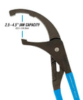 Adjustable Oil Filter Pliers 15 Inch With Six Position Slip Joint Diameter From Two And One Half To Five And One Half Inches Blue Grips High Carbon Drop Forged Steel Heavy Duty Auto And Truck Maintenance Tool showing jaw capacity