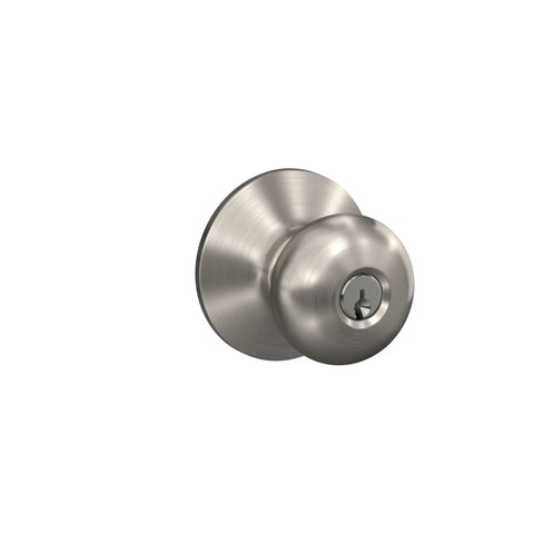 F51A Plymouth Door Knob With Keyed Entry Lock In Satin Nickel Finish, shown close-up, highlights the smooth satin surface.