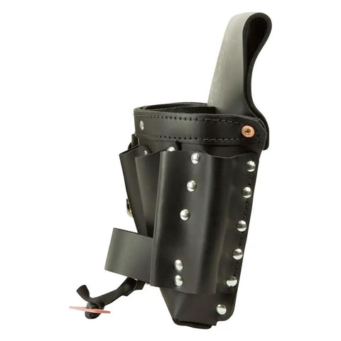 Side view of Extra Capacity Tool Pouch With Eight Pockets For Pliers And Screwdrivers Hammer Loop Knife Snap Tape Thong Leather Stitch Riveted Build Belt Loop Fits Up To Three Inches Made In USA Tough As Nails Built To Last, showing riveted leather build and belt loop.