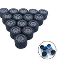 DIY RC Car Wheel Kit With 30 Rubber Toy Wheels And 15 Metal Shafts For Replacement Parts shown in a triangle stack, blue RC car model