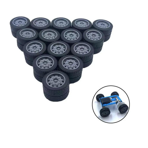 DIY RC Car Wheel Kit With 30 Rubber Toy Wheels And 15 Metal Shafts For Replacement Parts shown in a triangle stack, blue RC car model