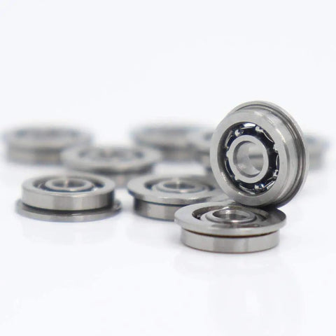 Get Your Hands On 10 Pc MF93 Flanged Ball Bearings For Mini Gearheads With 3mm Bore And 9mm Outer Diameter ABEC 3 Grade Open Design Perfect For High Speed DIY Projects And Industrial Gears Using Top Chrome Steel. Close-up of chrome steel bearings.
