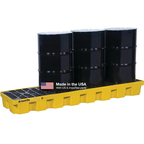Heavy Duty 4 Drum Spill Containment Pallet With Drain And 9 Inch Tall Design, 75 Gallon Capacity For 55 Gallon Drums, Rugged Polyethylene Construction, Keeps Hazardous Liquids Off Floors, Made In USA, Bright Yellow