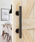 10 Inch Sliding Barn Door Handles And Pulls, Double Sided Hardware Set With Flat Bottom Plate Design In Rustic Black, Aluminum Construction With Black Powder Coat, Waterproof And Anti Corrosion, Easy Two Hole Installation mounted on a wooden door