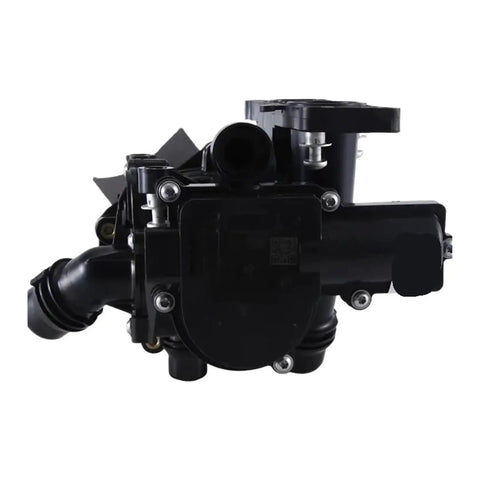 Direct Bolt In Thermostat Housing Assembly For Vw Golf Audi A3 A4 2012 To 2017, black engine part, detailed front view.