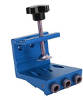 Straight Shooting Aluminum Pocket Hole Drill Guide Dead On Woodworking Jig For precise drilling with sturdy blue frame and adjustable clamp.