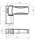 Technical drawing of Aluminum 3D Adjustable Door Flag Hinge with Mute Buffer Soft Close for Double Glazed Doors, side view.