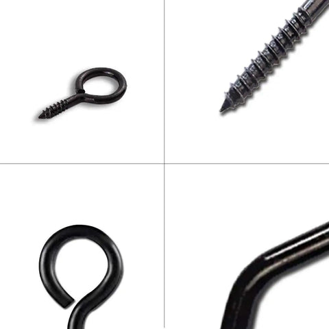Close-up of black metal eye hooks from 191 Piece Zinc Plated Screw Eyes Kit With 9 Sizes 0 To 8 for DIY projects and home decor.