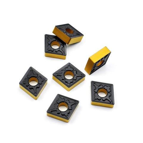 CNMG carbide turning inserts, square with central hole, yellow sides and black top, 7 pieces