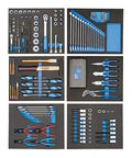 Heavy Duty Metric Tool Trolley With 190 Piece Wrench And Socket Set Smooth Rolling Go Everywhere Mobile Workstand featuring organized tools in foam inserts.