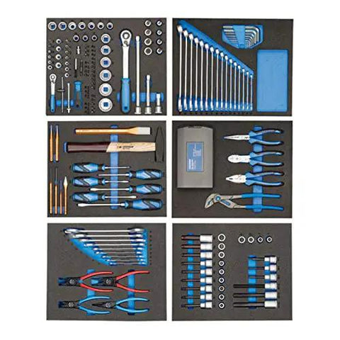Heavy Duty Metric Tool Trolley With 190 Piece Wrench And Socket Set Smooth Rolling Go Everywhere Mobile Workstand featuring organized tools in foam inserts.