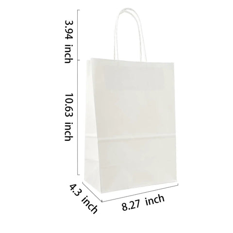 White Gift Bags With Handles 100 Pack 8.25x4.3x10.6 Inch Bulk Kraft Paper Bags for Shopping Retail Merch Weddings Party Favors