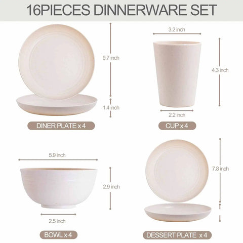 Durable Wheat Straw Dinnerware Set For Four 16 Piece Unbreakable Plastic Plates And Bowls Microwave Safe Kitchen Camping Dishes