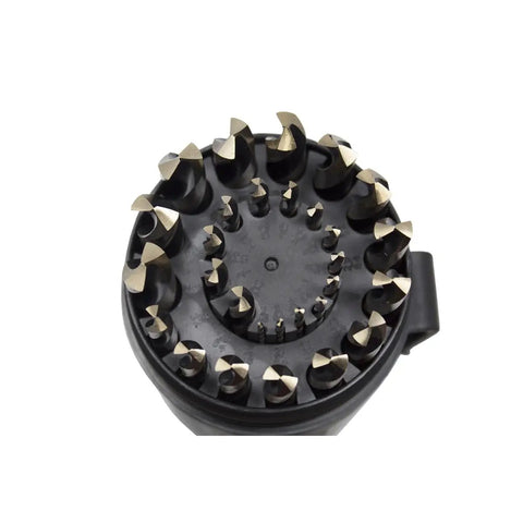 Knockout 29 Piece Drill Bit Set Featuring Jobber Length 135 Degree Split Point Tips With Black And Gold Titanium Coating For Wood And Metal Heavy Duty Made In Usa Dead Nuts Tough Gear showing assorted bit tips.