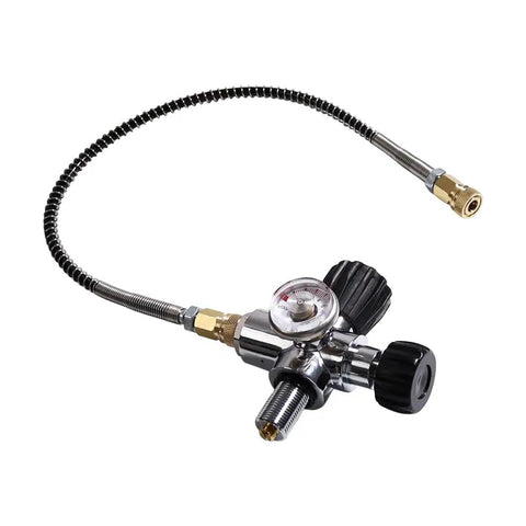 Carbon Fiber Air Tank 4.7L 4500 PSI With PCP Filling Regulator Valve for PCP air rifles and scuba gear close-up view.