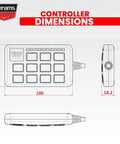 Dimensions diagram of 11-Gang LED Push Button Switch Panel For Offroad Vehicles And Emergency Lighting, showing length, width, and height.