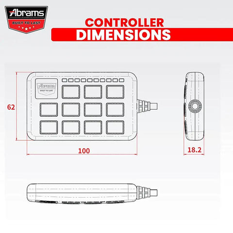 Dimensions diagram of 11-Gang LED Push Button Switch Panel For Offroad Vehicles And Emergency Lighting, showing length, width, and height.