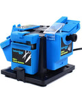 Rugged 65 Watt Electric Multitask Sharpener fixes drill bits, chisels, scissors on compact blue sharpener with sturdy base.
