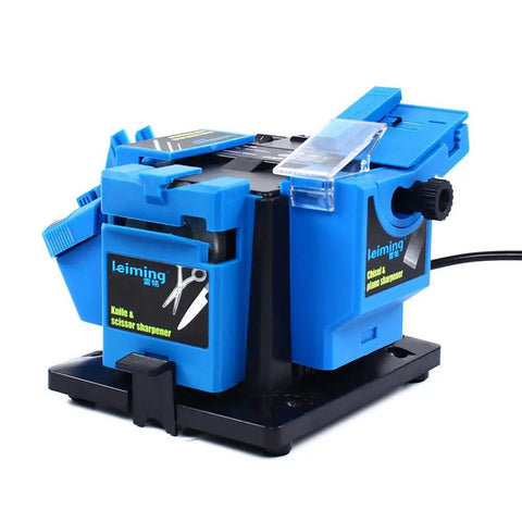 Rugged 65 Watt Electric Multitask Sharpener fixes drill bits, chisels, scissors on compact blue sharpener with sturdy base.