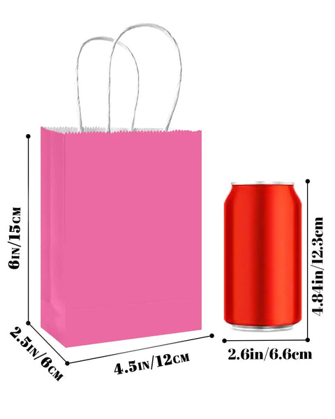 Pink mini gift bag with handles next to a soda can for scale, 4.5 by 2.5 by 6 inches, part of Mini Gift Bags With Handles Dope Bulk Set Of 24 In 24 Colors 4.5 By 2.5 By 6 Inches For Party Favors And Small Gifts Made From Recycled Kraft Paper Eco Friendly Durable For Craft Projects Great Value.