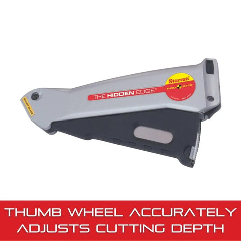 Silver and black Hidden Edge Utility Knife, aluminum case, with easy safety lock and level, tool-free blade changes, retractable lever action.