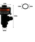 Front view: Trucktok high-flow manual relief valve, black plastic with side outlet and bottom threaded connection