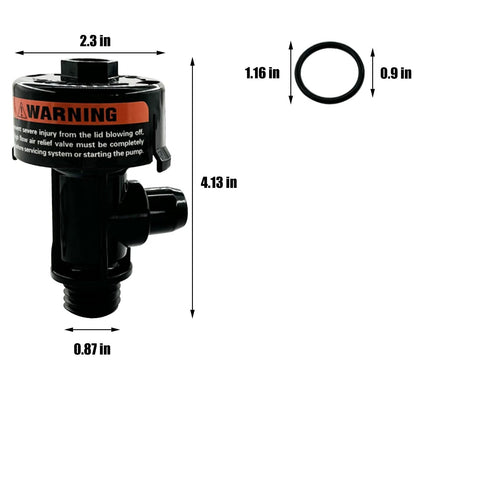 Front view: Trucktok high-flow manual relief valve, black plastic with side outlet and bottom threaded connection