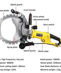 Premium Heavy Duty Electric Concrete Circular Saw Delivering Water Fed Dust Suppression And High Speed Ring Blade For Knockout Granite Cuts And Wall Chasing Projects With Durable Carry Case close-up showing features like splash guard and spray plate.