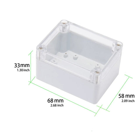 Clear See Through Outdoor Junction Box IP67 Waterproof ABS Plastic Enclosure For Electrical Projects All Weather Ready 68 By 58 By 33 Millimeters Weatherproof Connection Box With Clear Cover And Gray Housing. top view, 68x58x33mm ABS box with clear cover