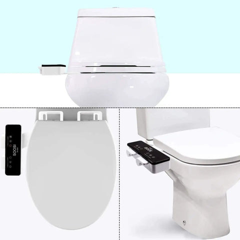 Ultra Slim Self Cleaning Dual Nozzle Bidet Attachment For Toilet with top and side view installation detail