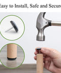 Product installation of 24 Pack 19mm Round Screw-In Furniture Glides With Nail Covers, showing nail and hammer use on wood leg.