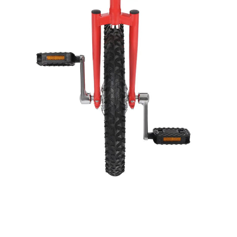 Front view of red 16 Inch Adjustable Unicycle For Outdoor Fitness And Fun, Rugged Ergonomic Design With Durable Plastic And Metal Construction