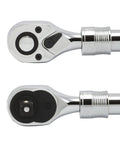Close-up of two heads of Extendable One Half Inch Drive Ratchet Handle With 72 Tooth Reversible Ratcheting And Soft Grip For Tight Spaces
