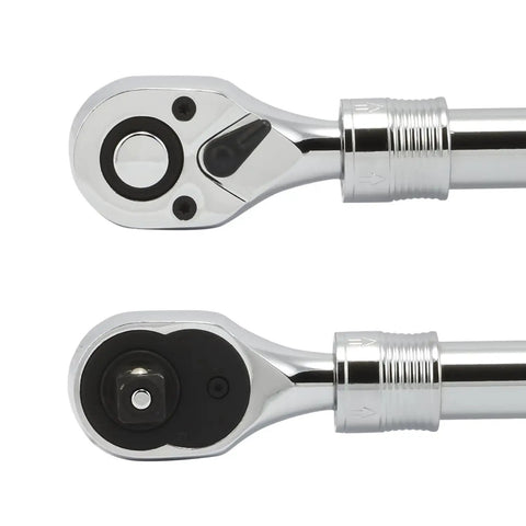 Close-up of two heads of Extendable One Half Inch Drive Ratchet Handle With 72 Tooth Reversible Ratcheting And Soft Grip For Tight Spaces