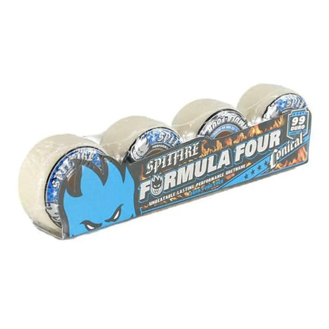 Formula Four Conical Full Wheels Set White And Blue 53mm 99D Urethane in packaging for smooth street skating and tricks