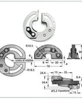 Front view of two-piece stainless steel round torque concealed cabinet door hinges with 90-degree internal swivel.