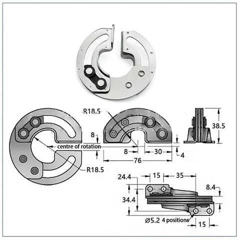 Front view of two-piece stainless steel round torque concealed cabinet door hinges with 90-degree internal swivel.