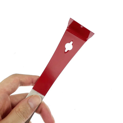 Hand holding red J Hook from Two Pack Steel Beekeeping Hive Tools Set With J Hook And L Hook Scrapers, Frame Lifter and Hive Pry Tools