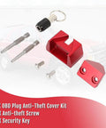 Heavy Duty Aluminum OBD Port Lock With Security Screw Tool Kit includes anti-theft cover, screws, and security keys.